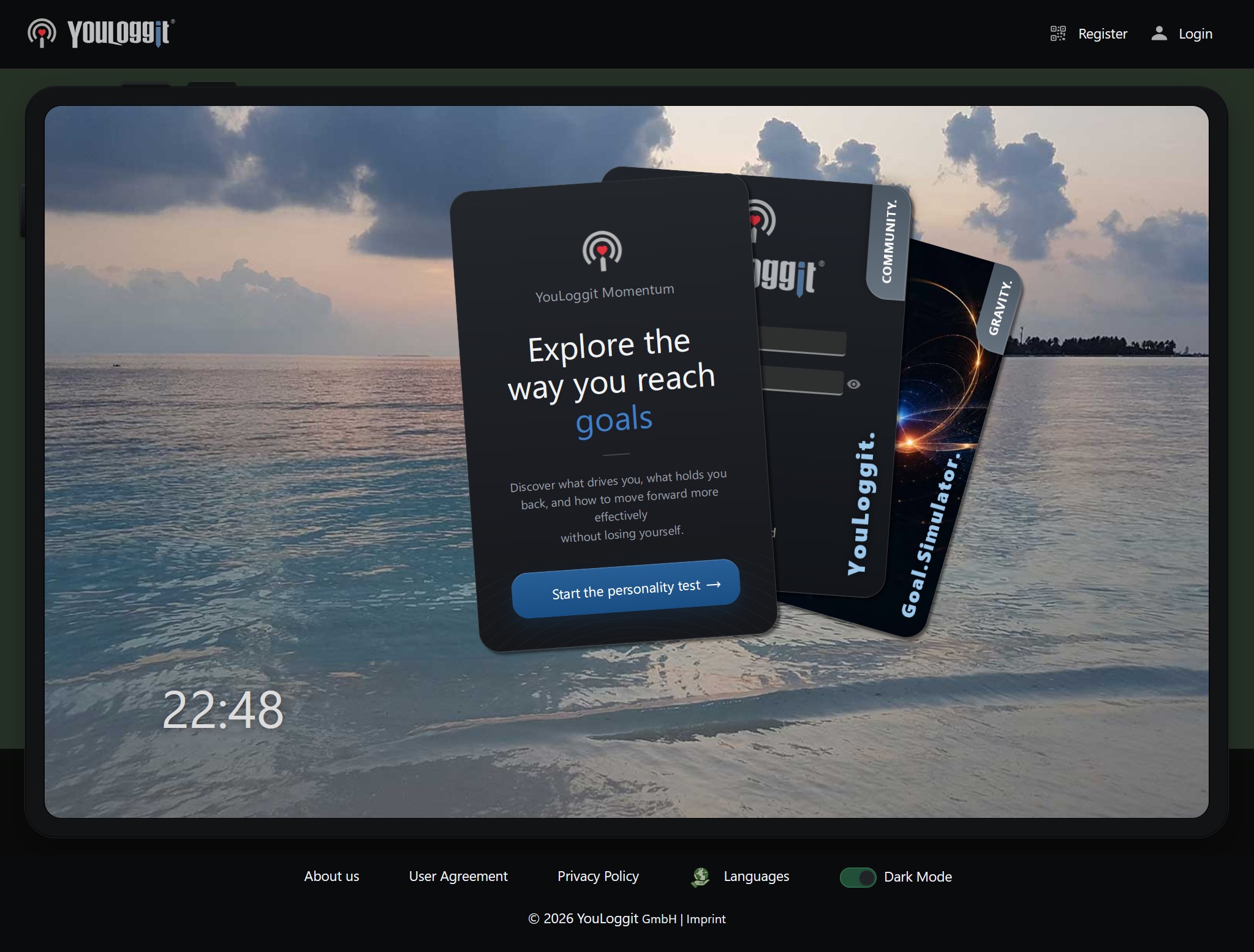 YouLoggit Landing Page mit Momentum, Community und Gravity